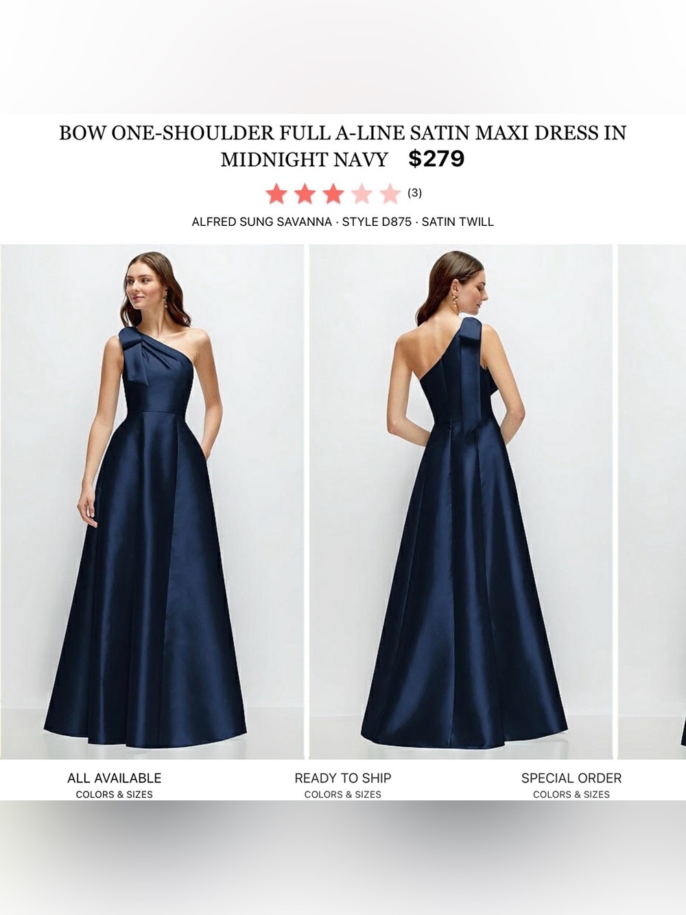 ALFRED SUNG One-Shoulder Bow Satin A-Line Maxi Dress in Navy